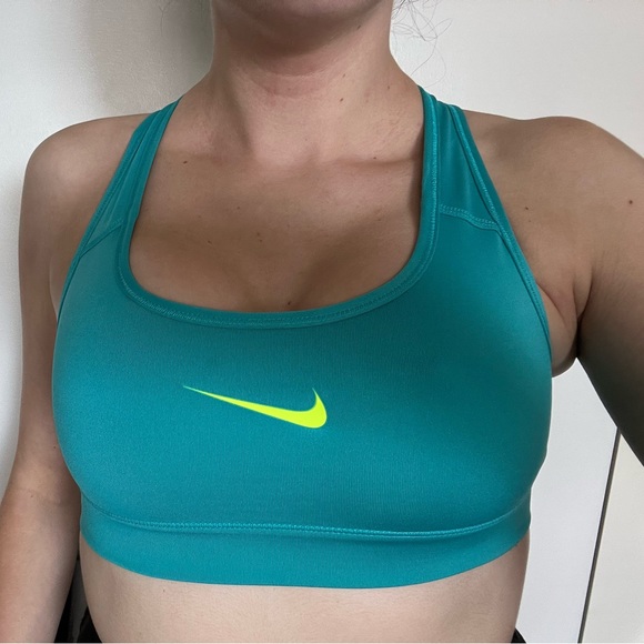RARE NIKE SPORTS BRA TEAL W NEON GREEN SWOOSH - Picture 5 of 6